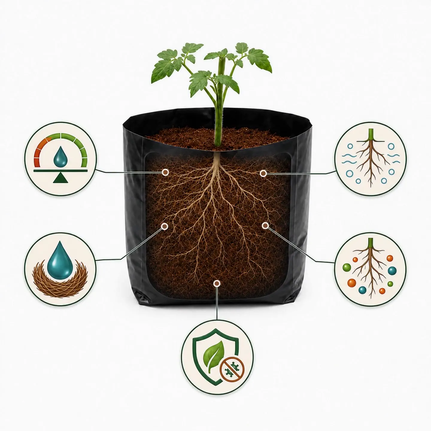 Tomato roots visible inside coco peat growing media