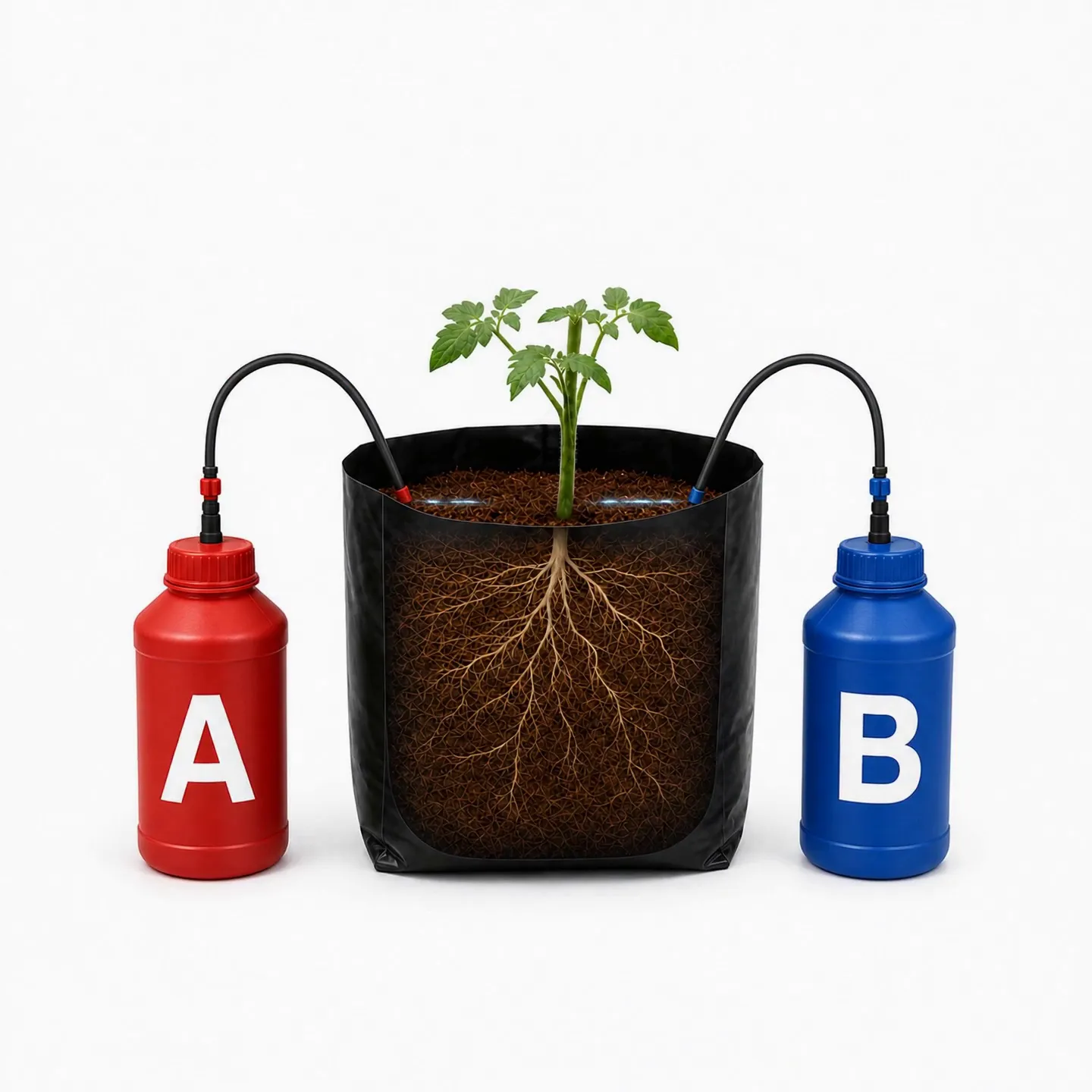 Red Nutrient A and blue Nutrient B bottles connected to a tomato plant