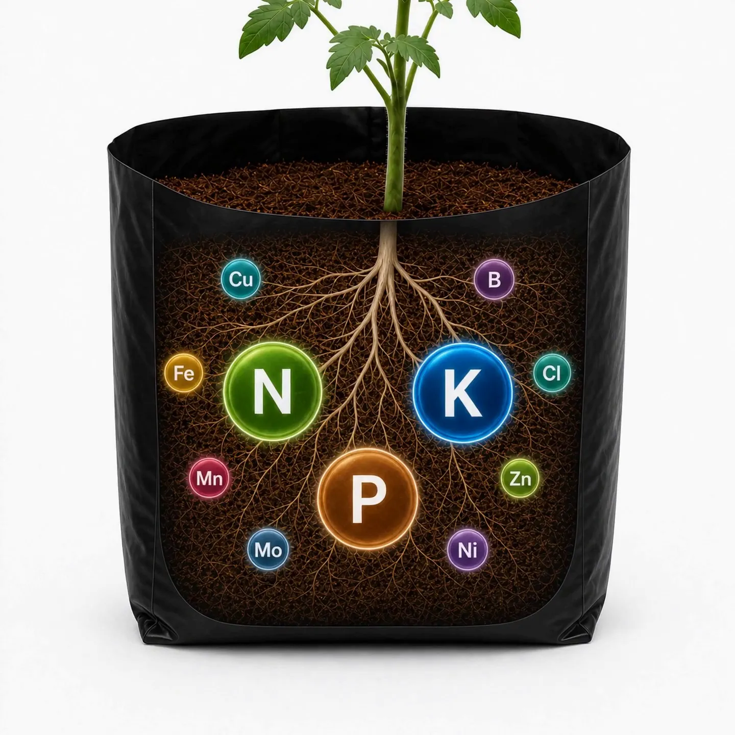 Tomato root zone showing primary and trace nutrients